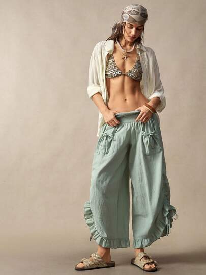 Bohemela Women's Casual Solid Color Woven Loose Pants
