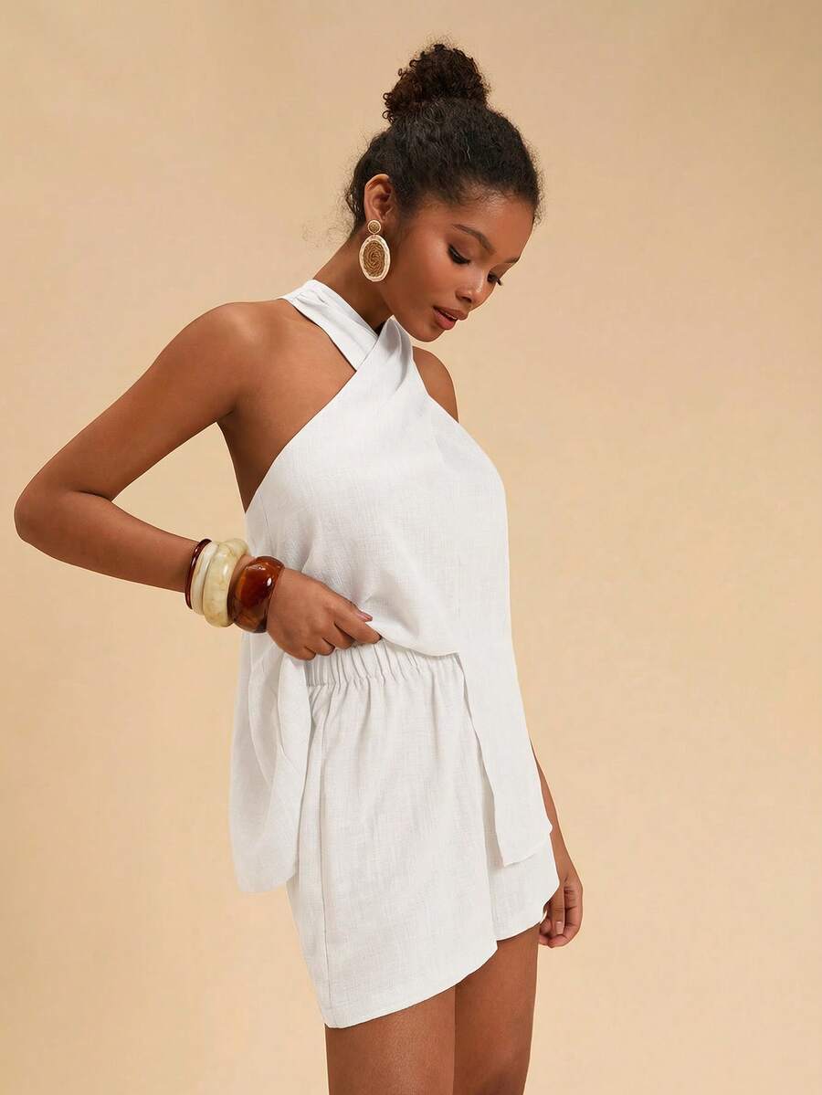 Travachic Women's Casual Solid Color Halter Neck Tank Top & Shorts 2-Piece Set - White - View 1