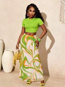 BamGleam Conjunto de 2 piezas con camiseta corta verde neón + falda maxi con estampado de olas abstractas, conjunto sexy de ajuste ceñido para vacaciones y uso diario - Multicolor - Ver 3
