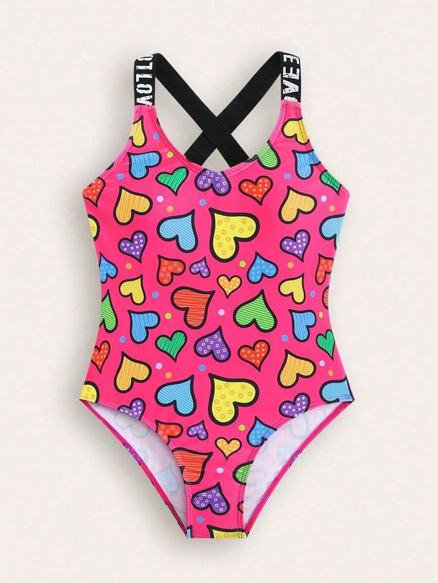 SHEIN Tween Girl 新款时尚彩色心形印花连体泳衣 - 彩色 - 查看 1