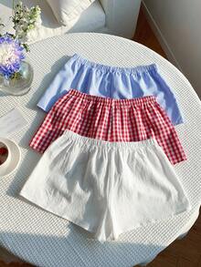 Bộ 3 quần short rộng rãi, dễ phối đồ cho bé gái, họa tiết sọc nhiều màu sắc, kết hợp giữa màu trắng tươi mát, sọc xanh trắng và họa tiết kẻ caro đỏ trắng cổ điển. - Nhiều màu - Xem 2