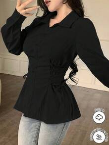 Modelyn 女士休闲抽绳系带纯色衬衫，简约百搭，适合日常通勤，春秋季 - 黑色 - 查看 2