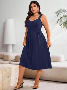 EMERY ROSE Vestido maxi de verano casual con pliegues de unicolor para mujer de talla grande - Azul - Ver 8