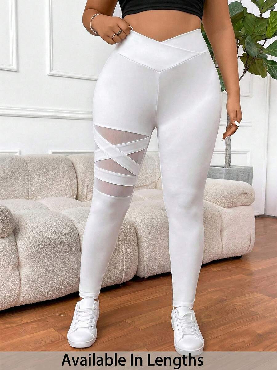 SHEIN PETITE CURVE Leggings básicos de unicolor para mujer de talla grande - Blanco - Ver 1