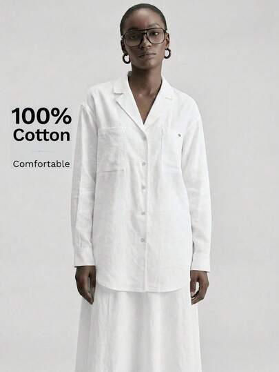 Ontre 2026春夏新款女士白色衬衫，舒适柔软梭织面料，翻领，长袖，宽松版型，现代都市时尚，商务休闲办公装，低调复古风，高端品质，机场/邮轮度假穿搭，优雅婚礼宾客礼服，简约奢华感，百搭休闲高端风，度假休闲都市口袋系列设计，时尚畅销百搭女式衬衫