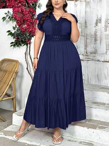 SHEIN Privé Đầm dài dáng chữ A tay ngắn, cổ chữ V, phối ren, cỡ lớn, thanh lịch. - Màu xanh hải quân - Xem 7