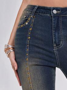 ROMWE Women's Y2K 90s Themed Retro Distressed Dark Blue Rivet Decor Fitted Flare Low Waist Jeans, Spring/Summer Everyday - Medium Wash - View 9