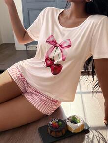 Napfluff SweetSlumber Bow & Cherry Print Short Sleeve Top With Striped Shorts Women Pajama Set - Apricot - View 3