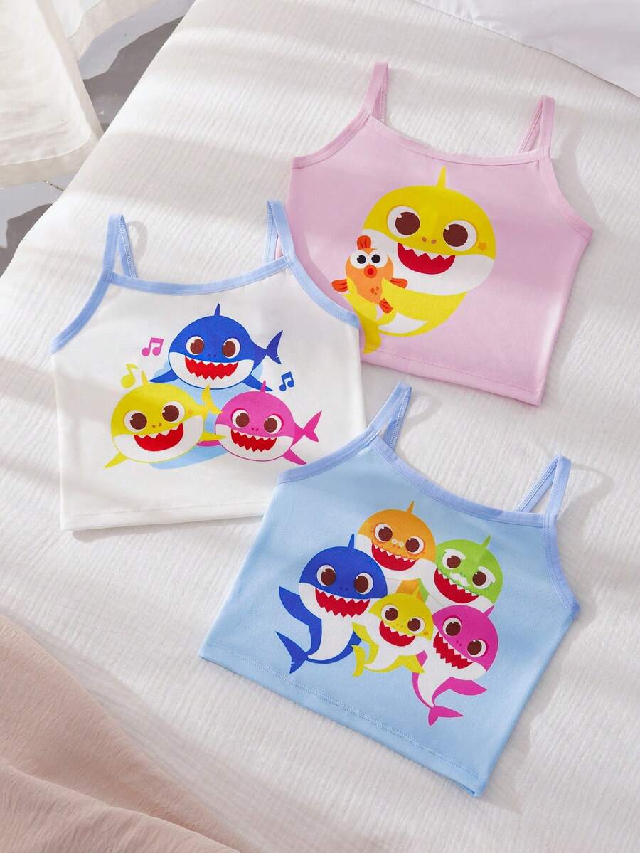 BABY SHARK X SHEIN 3件套女童吊带背心，蓝色、白色、粉色卡通印花打底衫 - 彩色 - 查看 1