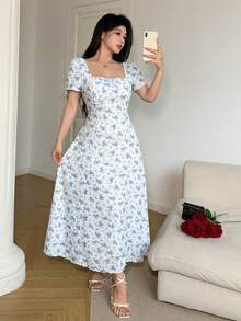 Feyla Women's Elegant Small Floral Print Bowknot Decor Backless Mid-Length Dress, Summer - Blue - View 4