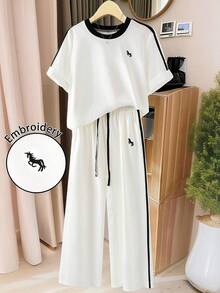 GlowEve CURVE Plus Size Women 2pcs Women's Fashion Round Neck Embroidered Print Contrast Trim T-Shirt, Casual Elastic Waist Embroidered Wide Leg Pants Set - White - View 7