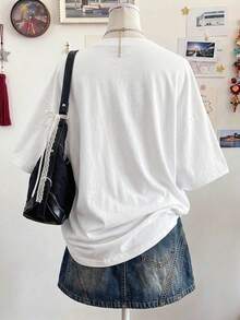 Lalippa Ocean Element Graphic Print Oversized Loose Fit Mid-Length Round Neck Drop Shoulder Women T-Shirt, Gift For Friends - White - View 2