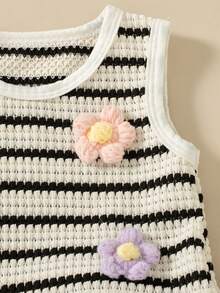 Souflis Souflis 2025 Summer New French Style Baby Girls Floral 3D Knit Striped Sleeveless Top With Polka Dot Ruffle + Comfortable Wide Leg Shorts Set - Multicolor - View 8