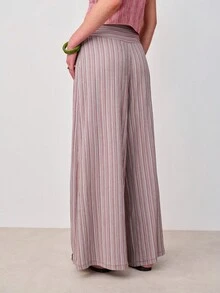 Nöista Mid Waist Long Pants In Vertical Stripes In Purple Colors, Stripes In Horizontal In Waist. Summer Bottoms, Spring OutfitCasual Look For Holidays, Vacation. - Pink - View 2