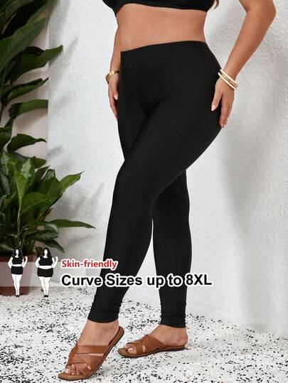 SHEIN CURVE+ 夏季沙滩加大码纯色修身泳裤，冲浪短裤，特大号黑色泳裤，适合海边度假