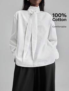 Ontre Women's White Autumn Elegant Semi Formal Cotton Blouse,Long Sleeve Tie Neck Small Stand Collar Boxy Shirt,Business Office Wear Teachers' Day - White - View 2