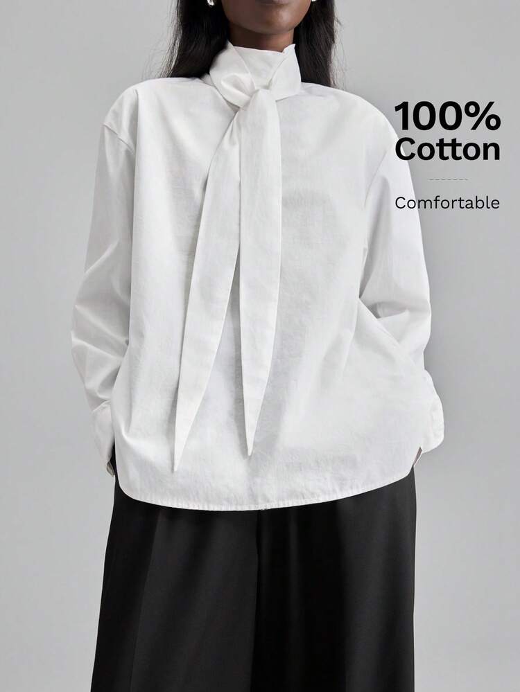 2026ss Women's White Woven Plain Comfortable Small Stand Collar Fitted Boxy Slightly Dropped Shoulder Long Sleeve Tie Neck Casual Business Office Wear Low-Key Vintage Elegant Airport Elegant Blouse, Modern Urban Casual Fashion Business Modest Shirts Cotton Blouse Bow Shirt Tie Up Shirt Cotton Clothing Woman Modern Urban Casual Fashion Business Casual Women's Office Wear Low-Key Old Money Style Effortless Temperament High-End Urban Commuting High-Quality Airport Women's Wear High-End Material