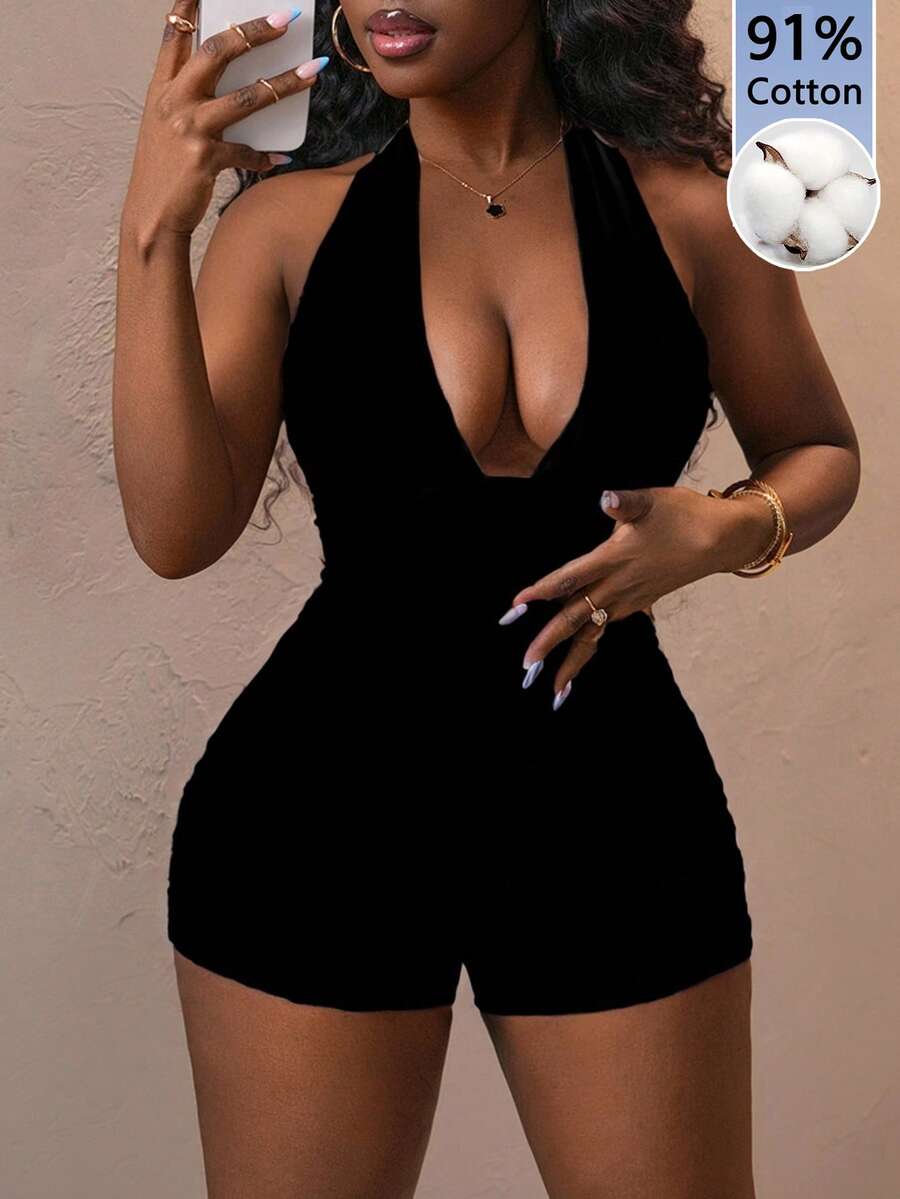 Slaydiva 女士纯色深V性感露背连体紧身衣 - 黑色 - 查看 1
