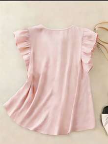 SHEIN LUNE CURVE Plus Size Women Contrast Lace Cap Sleeve Single-Breasted Casual Shirt Gym Brown Summer - Baby Pink - View 2