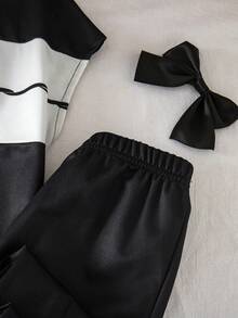 SHEIN 女童蝴蝶结印花撞色圆领T恤和裤子休闲套装 - 彩色 - 查看 6