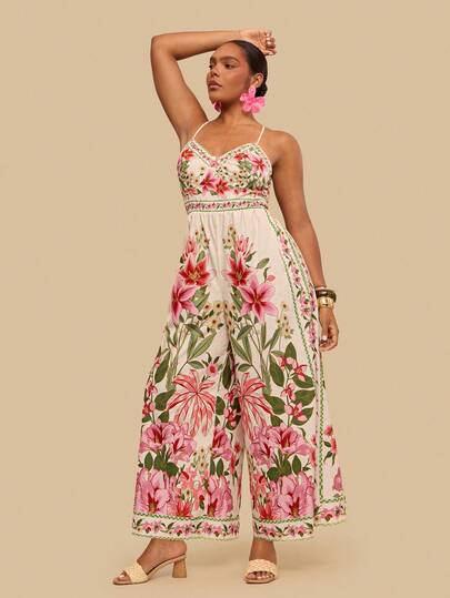 Travachic Bộ áo liền quần hở lưng in hoa cỡ lớn, phong cách thường ngày cho kỳ nghỉ.