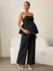 MaterniWear Maternity Summer Solid Color Jacquard Ruffle Hem Camisole And Pants 2 Pieces Set - Black - View 4