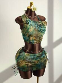 Zestiva Conjunto de bikini de 4 piezas con estampado de leopardo, tirantes con lazo y espalda descubierta, para vacaciones en la playa - Multicolor - Ver 4