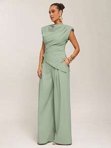 Silquee Top décontracté polyvalent pour usage quotidien avec ourlet asymétrique de couleur unie pour femmes - Vert menthe - Voir 6