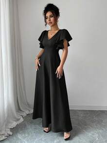 SHEIN Clasi 荷叶边袖V领A字连衣裙，优雅浪漫风格，仿牛仔面料 - 黑色 - 查看 6