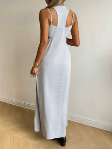 SHEIN EZwear Đầm dệt kim màu xám không tay kiểu dáng thường ngày dành cho nữ, thích hợp cho mùa xuân/hè. - Màu Xám nhạt - Xem 2