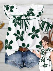 SHEIN LUNE Plus Size Women Floral Print Cap Sleeve Blouse - Dark Green - View 1