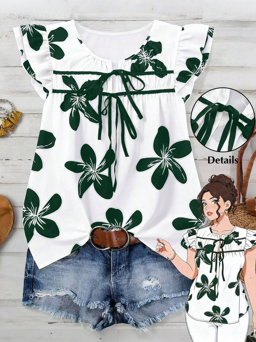 SHEIN LUNE Plus Size Women Floral Print Cap Sleeve Blouse - Dark Green - View 1