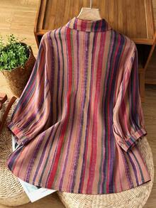 Louniche Women's Striped Single-Breasted Loose Casual Shirt With High-Low Hem - Multicolor - View 2