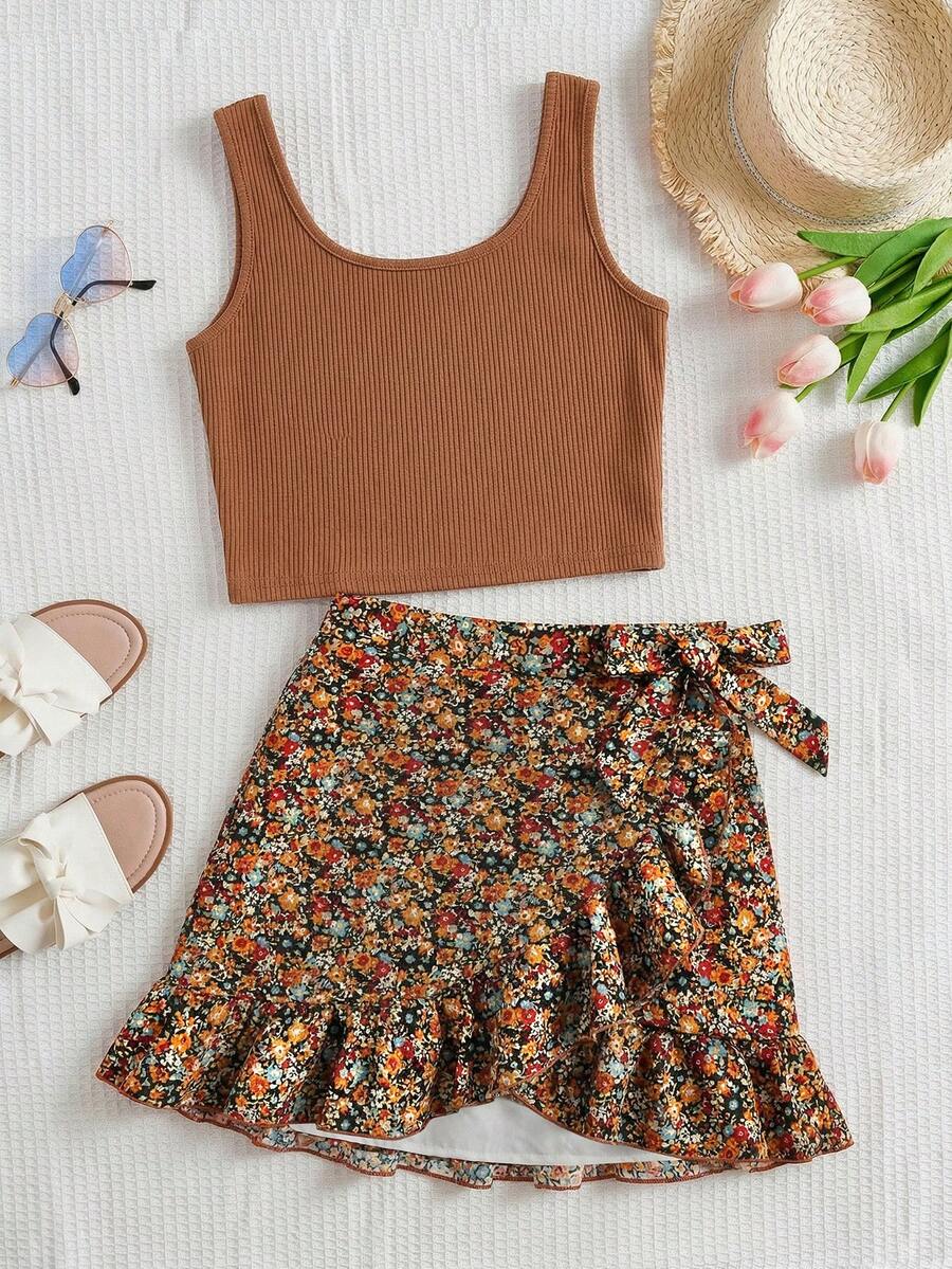 SHEIN Bộ đồ 2 món dành cho bé gái tuổi teen, phong cách giản dị, tối giản, thoải mái, cổ tròn, không tay, viền bèo nhún. - Nhiều màu - Xem 1