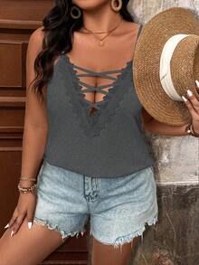 Breezaya Áo camisole gợi cảm màu trơn phối ren chéo dành cho nữ cỡ lớn - Màu xám đen - Xem 6