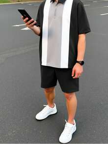 SHEIN 两件套青少年男童休闲学院风撞色Polo衫短裤套装，适合通勤、上学、日常休闲穿着及运动，春夏男童夏季套装，男童度假装 - 黑色 - 查看 6