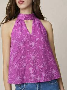 Nöista Sleeveless Halter Top Features A Purple, Dark Pinrk Floral Pattern With A High Neckline And Keyhole Front Detail. Spring, Summer, Women. - Purple - View 4