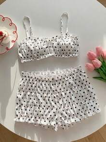 CovetEZ Women's Polka Dot Frill Trim Camisole And Shorts 2 Pieces Set Women Vacation Outfit Sets Woman Two Piece Outfit Women Two Piece Outfit Women Summer Outfits 2 Piece Women S Summer Co Ord - Black and White - View 3