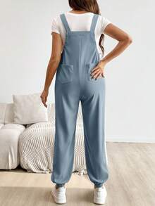SHEIN Maternity Solid Color Patch Pocket Casual Bib Jumpsuit - Blue - View 2