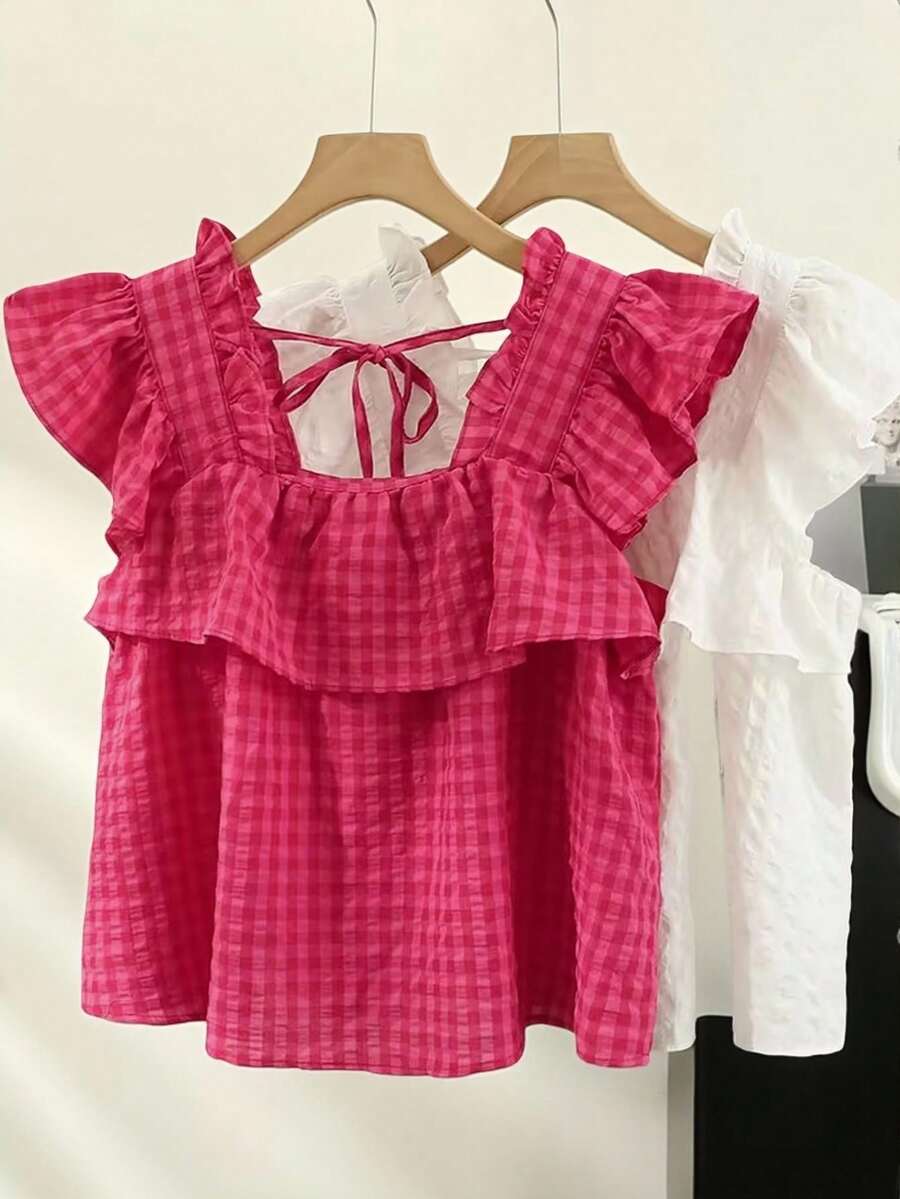 Resyla Women's Plaid Patchwork Ruffle Trim Casual Blouse - Hot Pink - View 1