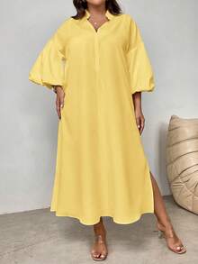 SHEIN Privé Robe ample mi-longue à manches lanternes pour femmes grandes tailles, élégante, pour vacances, plage, rendez-vous romantique, mariage ou fête - Jaune citron - Voir 4