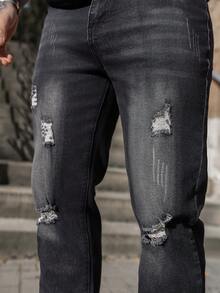 Artur Kramer 男士前扣口袋休闲时尚破洞牛仔裤，emo 风格 - 黑色 - 查看 3