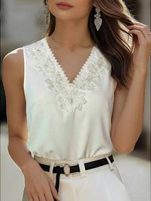 Balvessa White Bamboo Knot Linen 3D Floral V-Neck Sleeveless Blouse For Women - White - View 4