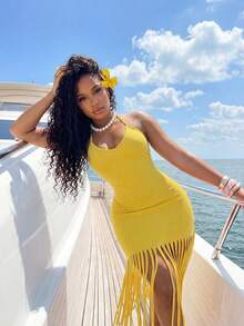 BamGleam 女士夏季时尚吊带系带刺绣流苏黄色度假连衣裙，适合夏季穿着，包括沙滩装、邮轮装等。这款黄色无袖长裙是度假的理想之选。它也是女士沙滩度假装、度假装、假日装等的热门单品。 - 黃色 - 查看 1