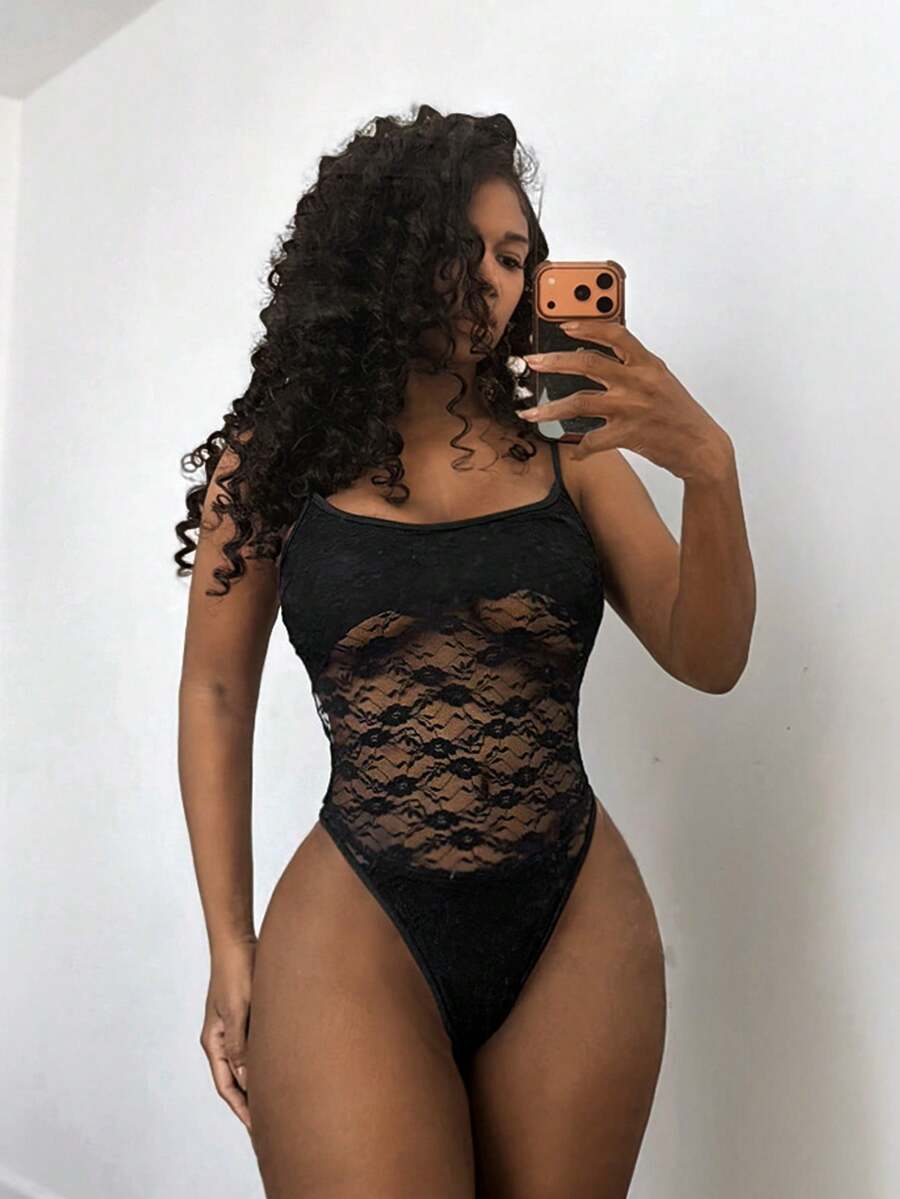 SHEIN BamGlam Áo liền thân gợi cảm phối ren tương phản dành cho nữ - màu đen - Xem 1