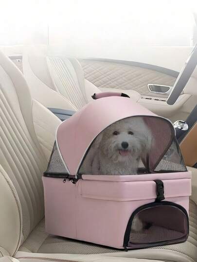 便携式小型中型犬猫宠物推车，可折叠轻便旅行推车，带可拆卸宠物提篮，粉色透气网布，坚固耐用，四轮设计，可调节手柄，适合幼犬、幼猫、泰迪熊等宠物户外散步