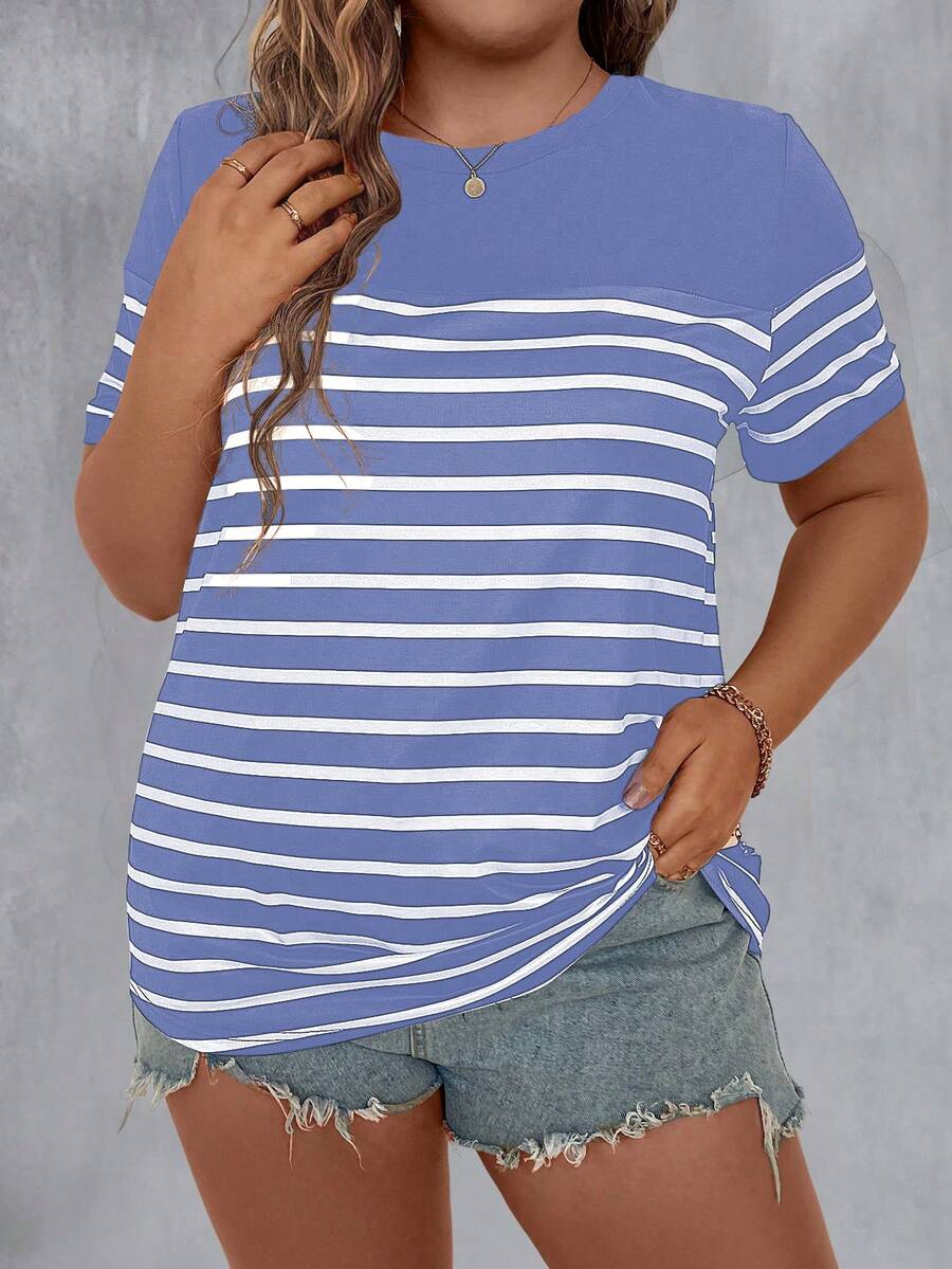 Plus Size Women Summer Striped Print Round Neck Short Sleeve Casual T-Shirt Graphic Tees Women Tops - Purple - View 1