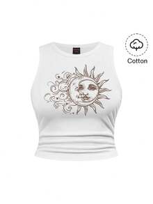 ROMWE Fairycore Plus Size Sleeveless Ruched Sun, Moon & Star Print Casual Beach Vacation Tank Top - White - View 1