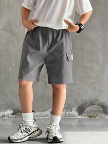 3 Pcs Tween Boy Loose Casual Woven Shorts Multi-Color Set,Black,Summer,Casual,Hiking Sports Workwear Solid Simple Basic Versatile Spring Summer Wear - Grey - View 8