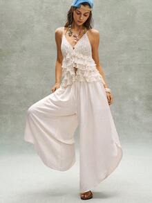 Bohemela Quần nữ dệt kim màu trơn dáng rộng, vạt bất đối xứng - trắng - Xem 5